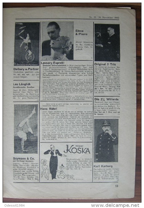 Circus Magazine Fachzeitschrift für Varieté, Kabarett und Zirkus Deutschland 1942 year