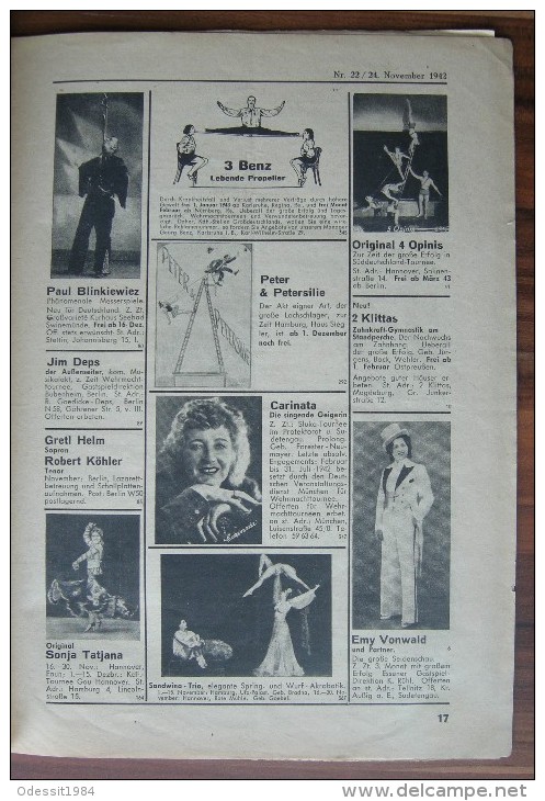 Circus Magazine Fachzeitschrift für Varieté, Kabarett und Zirkus Deutschland 1942 year