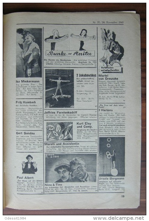 Circus Magazine Fachzeitschrift für Varieté, Kabarett und Zirkus Deutschland 1942 year