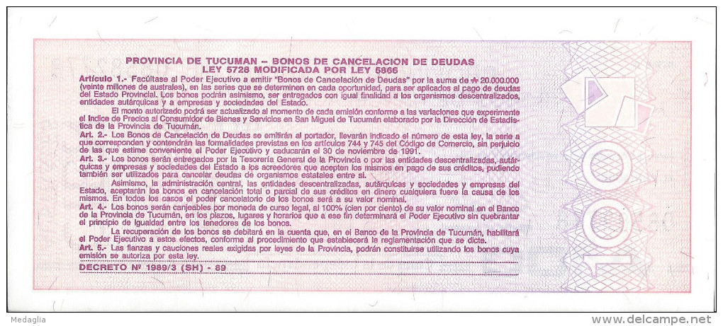 ARGENTINE - Province De Tucuman - 100 Australes UNC - Argentine