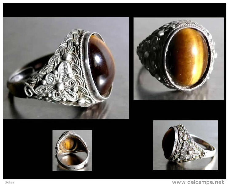 Ancienne Bague Chinoise Oeil De Tigre (taille Réglable) / Old Filigree Silver And Tiger'eye Ring From China - Ringe