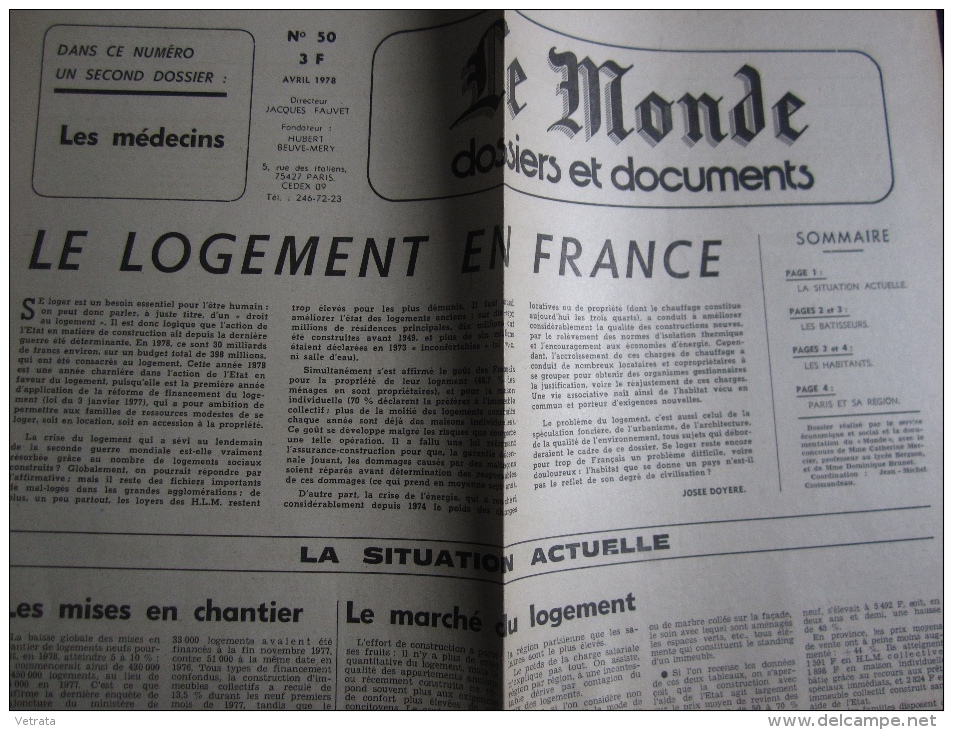 Le Monde Dossiers & Documents N° 50 : Le Logement En France. 1978 (Jauni) 4 Pages - Medicina & Salud