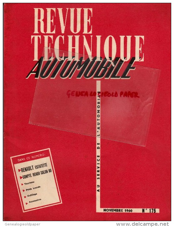 RTA- REVUE TECHNIQUE AUTOMOBILE- RENAULT ESTAFETTE - SALON 1960- NOV. 1960- N° 175 - Auto/Moto