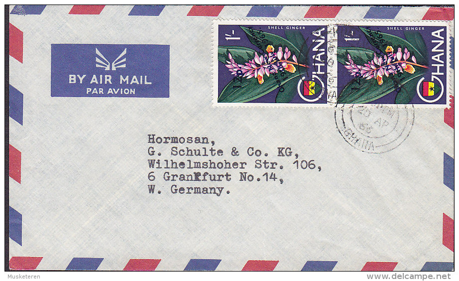 Ghana Air Mail Par Avion 1966 Cover Brief FRANKFURT Germany 2x 12p. On 1 Sh Shell Ginger Flower Blume Overprinted - Ghana (1957-...)