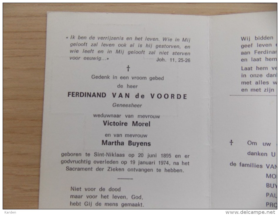 Doodsprentje Ferdinand Van De Voorde Sint Niklaas20/6/1895 - 19/1/1974 ( Victoire Morel En Martha Buyens ) - Religión & Esoterismo