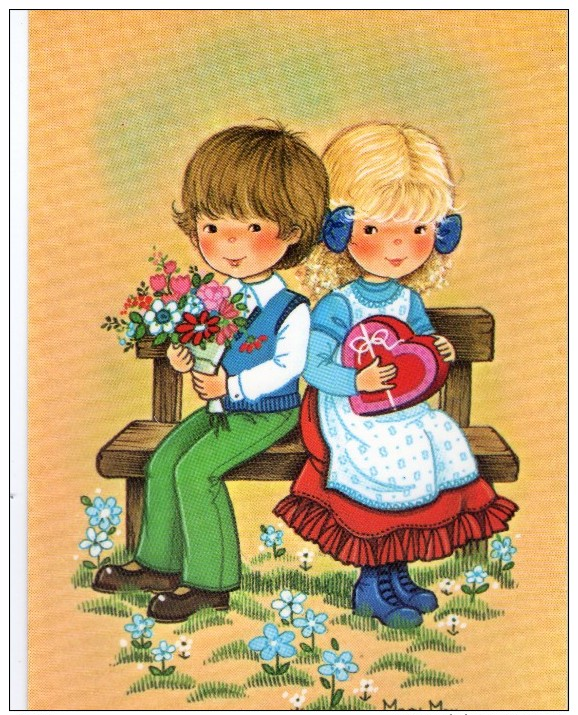 00 - DESSIN - MARY MAY N° 629/1-COUPLE ENFANTS SUR UN BANC Lui Avec Des Fleurs, Elle Avec Une Boîte En Forme De Coeur - Other & Unclassified