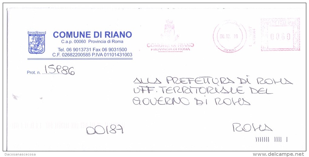 COMUNE DI RIANO - 00060 PROV. ROMA - ANNO 2010 - LS/AMR - FTO 11x23 - TEMA TOPIC COMUNI D´ITALIA - STORIA POSTALE - Macchine Per Obliterare (EMA)