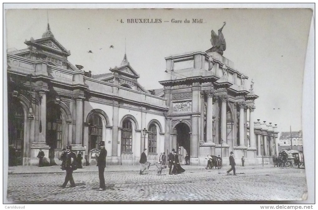 CPA BRUXELLES Gare Du Midi PUBLICITE Bazar Anspach Voyagé 1905 Timbre Meunier Leopold Barbe Cachet Molenbeek - Transport Urbain En Surface