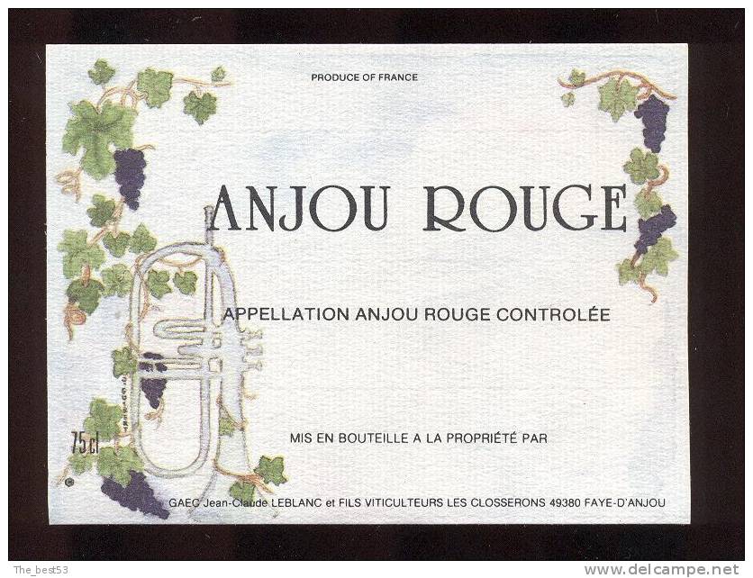 Etiquette De Vin  Anjou Rouge - Leblanc à Faye D´Anjou (49)  -  Ilustrateur  J. Guibert - Thème Musique Trompette - Música