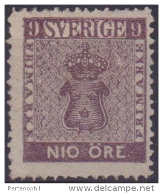 1858 SVEZIA SWEDEN SVERIGE VALORE IN ORE  9 O Violetto Bruno N.7 MH. Firma A. Diena Cat, &euro; 580,00 - Neufs