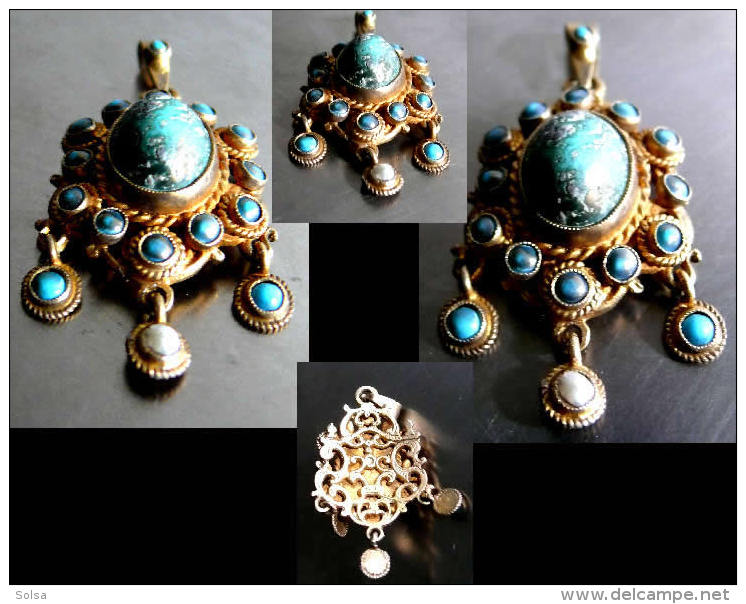 Très Beau Pendentif Impérial à Pampilles / Old Hungarian Gold-platted Silver, Turquoise And Pearl Pendent - Anillos