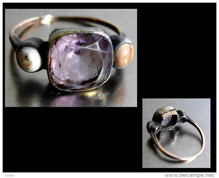 - Bague Russe XIXème En Améthyste T57 / Old Russian Amethyst, Shell, Silver And Gold Ring - Bagues