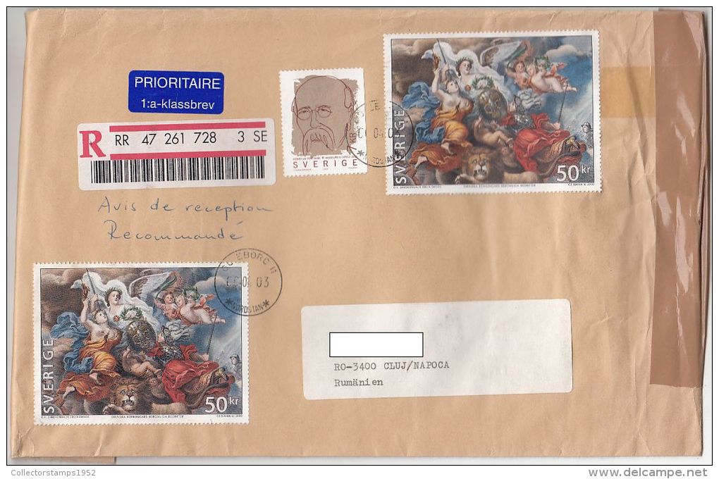 2097FM- LA FONTAINE-NOBEL PRIZE, PAINTING, STAMPS ON REGISTERED COVER, 2003, SWEDEN - Lettres & Documents