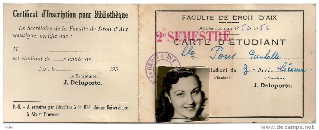 Aix En Provence Carte étudiant Faculté De Droit 1950 - Documents Historiques