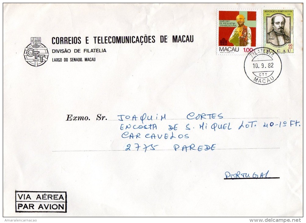 TIMBRES - STAMPS - MACAO / MACAU -1982- LETTRE PAR AVION - MARCOPHILIE - TIMBRE SYMPOSIUM DE PSYCHOLOGIE INTERCULTURELLE - Lettres & Documents