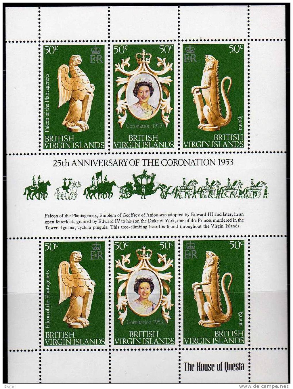 25 Jahre Krönung Elisabeth 1978 Jungfern-Insel 337/9 Kleinbogen ** 4€ Wappen Falke Ignana Bloc Sheetlet Bf Virgin Island - Kaimaninseln