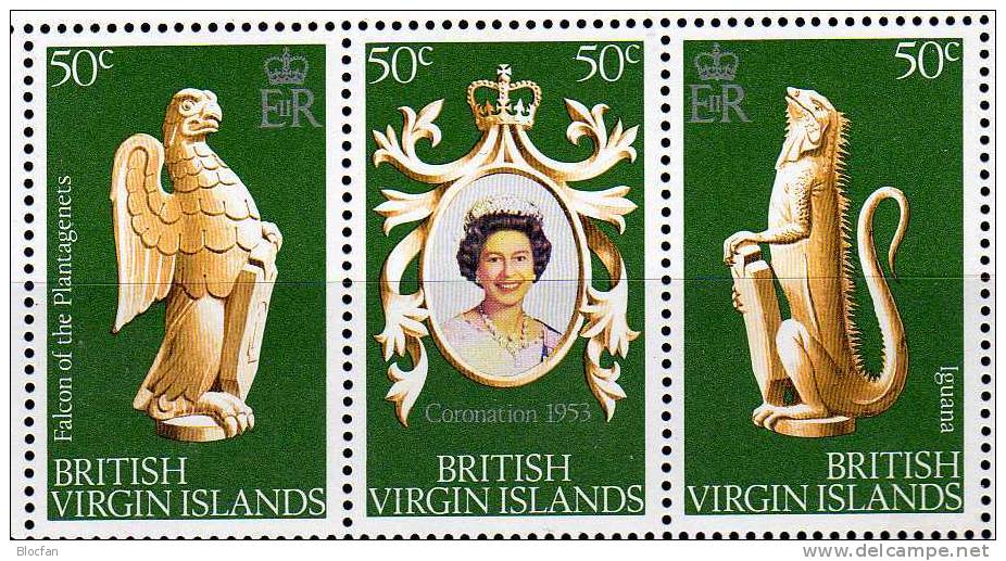 25 Jahre Krönung Elisabeth 1978 Jungfern-Insel 337/9 Kleinbogen ** 4€ Wappen Falke Ignana Bloc Sheetlet Bf Virgin Island - Kaimaninseln