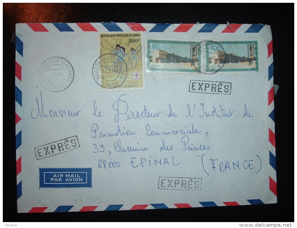 LETTRE EXPRES PAR AVION POUR FRANCE TP SCOUTISME 300F + TP N'GOUABI 80F X2 OBL.4.8.83 BRAZZAVILLE - BACONGO - Oblitérés