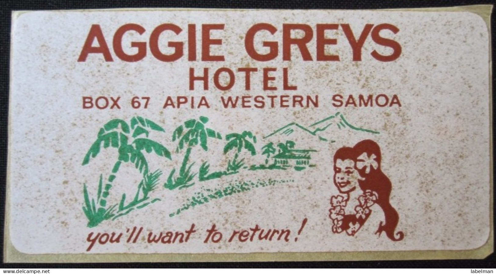 HOTEL MOTEL MOTOR PENSION INN AGGIE GREYS APIA WESTERN SAMOA LUGGAGE LABEL ETIQUETTE AUFKLEBER DECAL STICKER - Hotel Labels