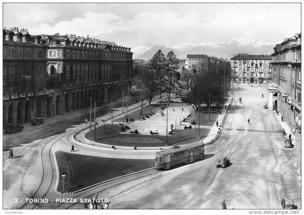 01574 "TORINO - PIAZZA STATUTO". ANIMATA AUTO ANNI '40 TRAMWAY STAZ. TORINO/RIVOLI. CART. ORIGINALE. NON SPEDITA. - Places