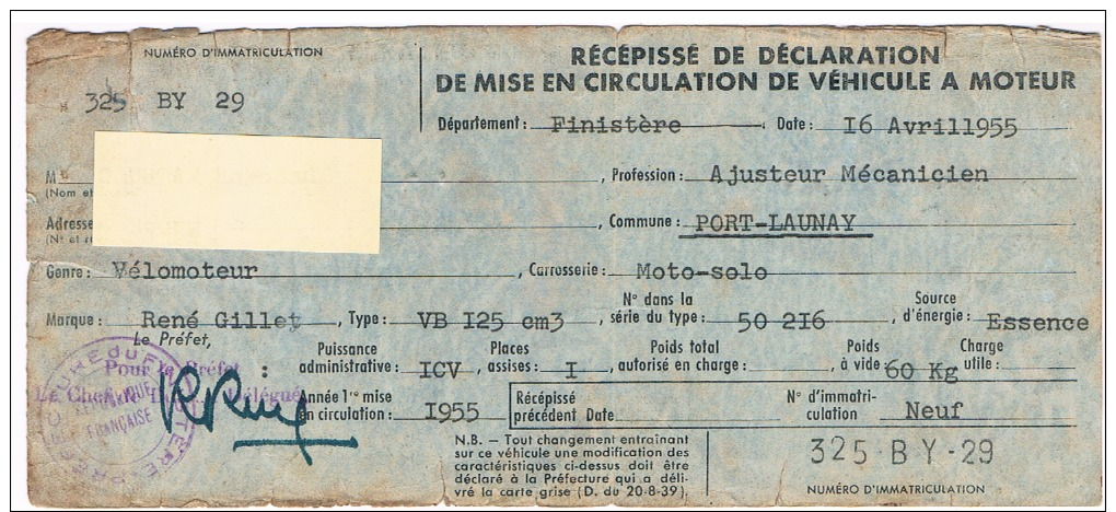 Fiscal, Fiscaux,  Récépissé De Déclaration Véhicule à Moteur ( Carte Grise) Pour Un Vélomoteur "moto-solo"  (2 Scans) - Autres & Non Classés