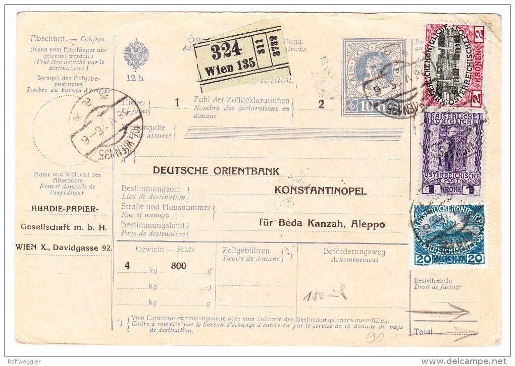 Österreich - Paketkarte 18.5.1916 Von Wien (GS Mit Zusatz) Nach Constantinopel Mit Auf Rückseite Osmanische Marken - Briefe U. Dokumente