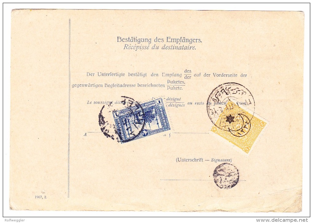 Österreich - Paketkarte 18.5.1916 Von Wien (GS Mit Zusatz) Nach Constantinopel Mit Auf Rückseite Osmanische Marken - Briefe U. Dokumente