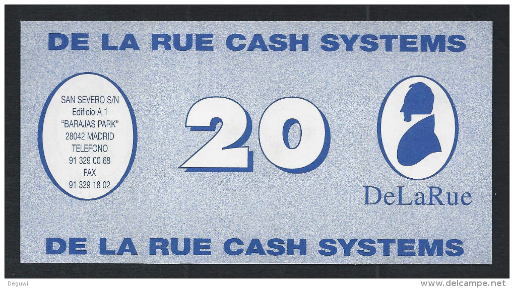 Test Note "DE LA RUE CASH Systems A" 20 Euro, Testnote, Beids. Druck, Sample, RRRRR, UNC -, 132 X 68 Mm - Sonstige & Ohne Zuordnung