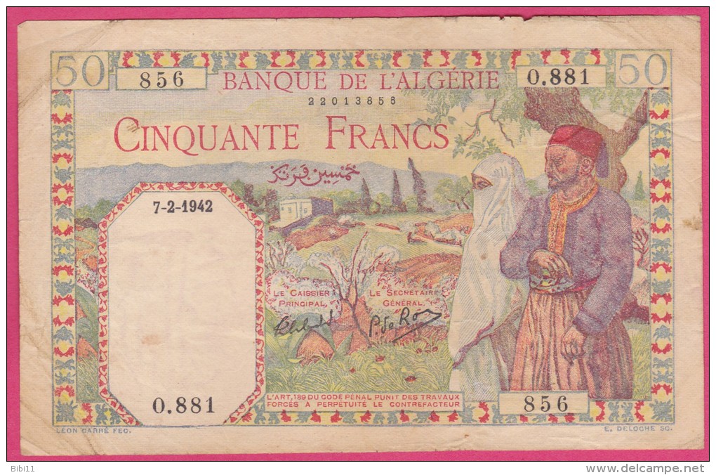 BANQUE DE L ALGERIE. 50 FRANCS  7  2  1942 . Série O.881 N° 856 - Argelia