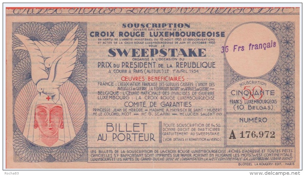 BILLET-  CROIX ROUGE LUXEMBOURGEOISE, Sweepstake à PARIS 1934 - Luxembourg