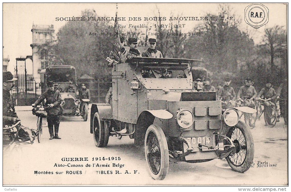 SOCIETE FRANCAISE DES ROUES AMOVIBLES IVRY PORT GUERRE 1914 1915 AUTO CANONS DE L´ARMEE BELGE CACHET AU DOS VOIR SCAN - Andere & Zonder Classificatie