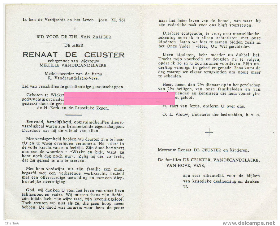 De Ceuster Renaat Vandecandelaere Van Hove Veys Wiekevorst Muizen    Bidprentje Doodsprentje - Religione & Esoterismo