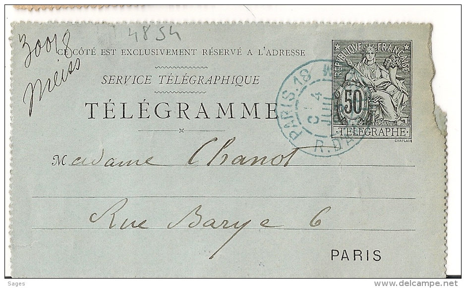 PARIS . 18 R. D'AMSTERDAM Levée C, Sur Carte Télégraphe Chaplain 50c. - Rohrpost