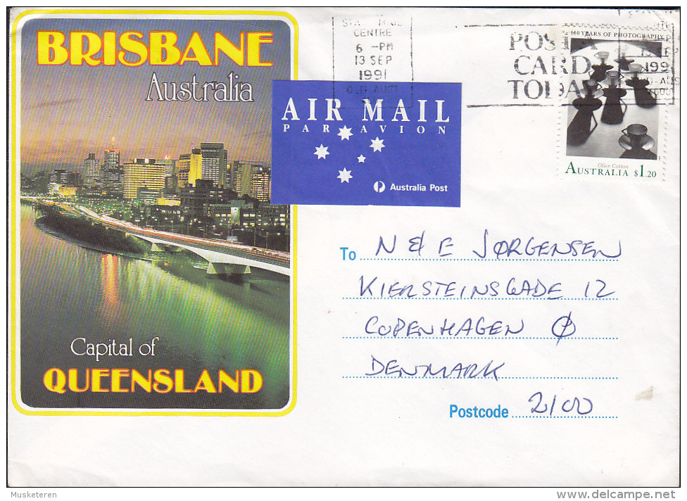 Australia AIR MAIL Par Avion Label BRISBANE (Qld.) Cachet 1991 Cover Denmark $1.20 Photography Stamp (2 Scans) - Cartas & Documentos