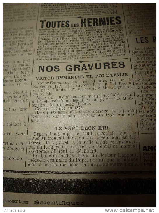 1903 LE PETIT PARISIEN: Gravures :Victor Emmanuel III Roi D'Italie; Pape Léon XIII; Loubet En Angleterre - Le Petit Parisien