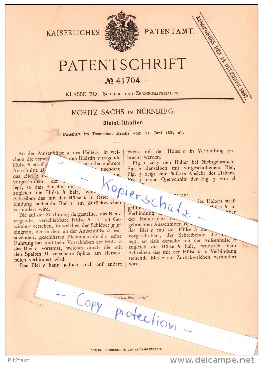 Original Patent -  Moritz Sachs In Nürnberg , 1887 ,  Bleistifthalter , Bleistift , Bleistifte !!! - Schreibgerät