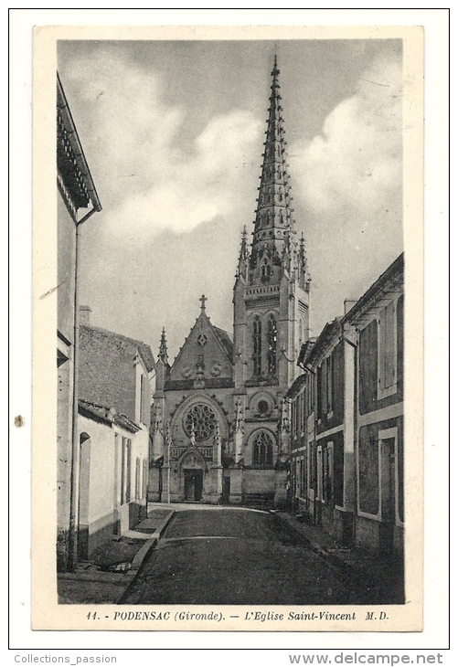 Cp, 33, POdensac, L'Eglise St-Vincent, Voyagée 1940 - Andere & Zonder Classificatie