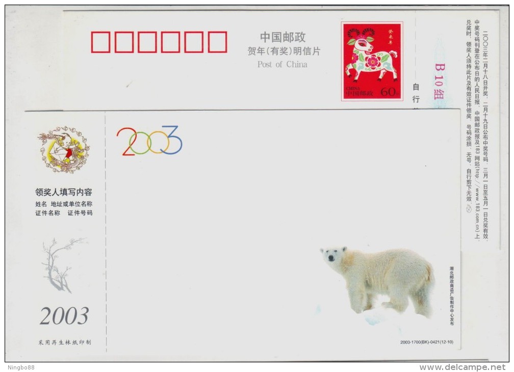 North Pole Bear,China 2003 Rare Animals Postal Stationery Card Polar Bear - Fauna Artica