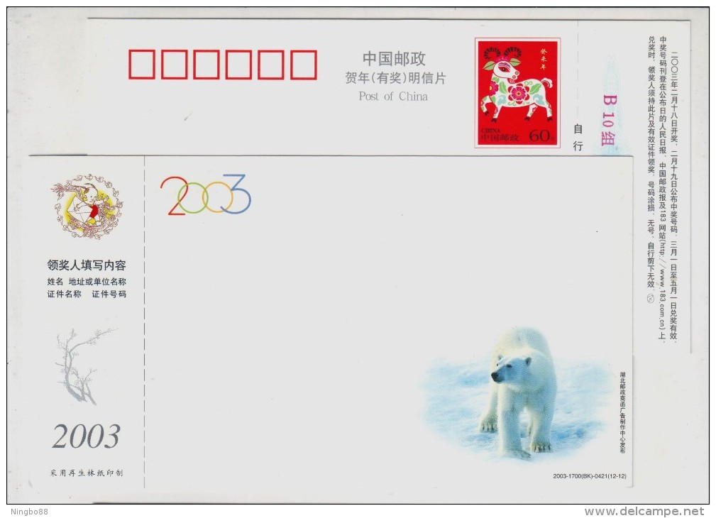 North Pole Bear,China 2003 Rare Animals Postal Stationery Card Polar Bear - Arctic Wildlife