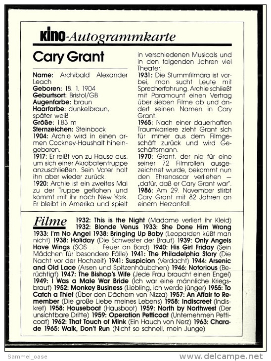 Kino-Autogrammkarte  -  Repro, Signatur Aufgedruckt  -  Cary Grand - Autographs