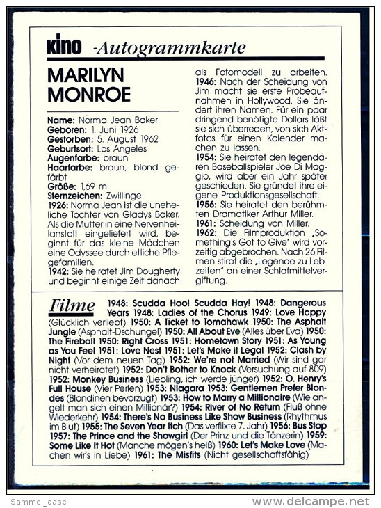 Kino-Autogrammkarte  -  Repro, Signatur Aufgedruckt  -  Marilyn Monroe - Autogramme