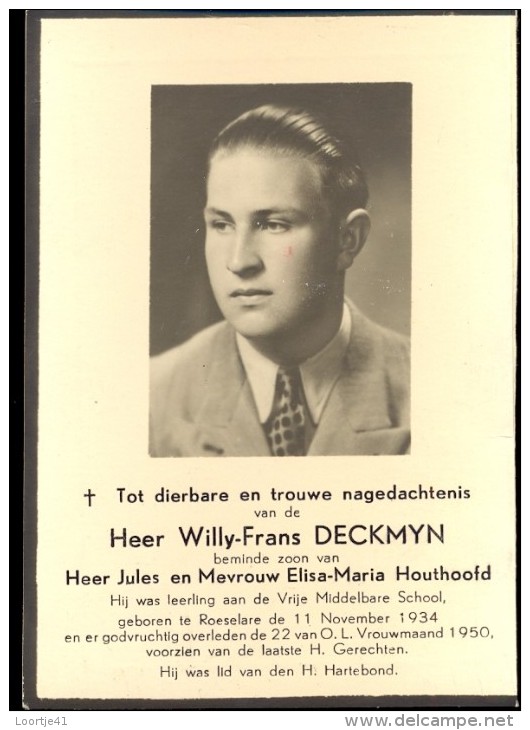 Doodsprentje Devotie - Willy Frans Deckmyn - Roeselare 1934 - 1950 - 16 Jaar Oud - Obituary Notices