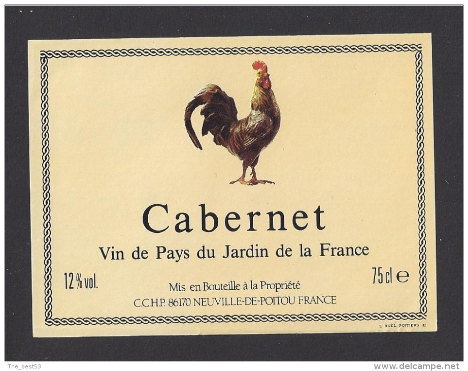 Etiquette De Vin De Pays Du Jardin De La France - Cabernet  -  Ets Nouhaud à Limoges  (87) - Thème Coq - 75 Cl - Hähne