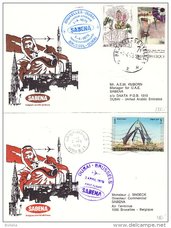 Dubai - Belgique - Sabena - 2 Lettres De 1976 - Vol Aller Et Retour Bruxelles - Dubai - Dubai