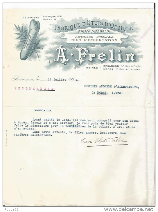 Lettre - Belle Entête - A. Frelin-Fabrique D'étuis D'optique-Usines Besançon Rue De Belfort Et Morez Rue De L'industrie - Elektrizität & Gas