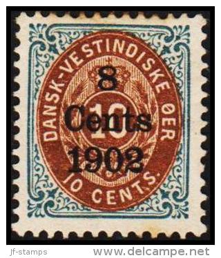 1902. Surcharge. Copenhagen Surcharge. 8 Cents 1902 On 10 C. Blue/brown. Normal Frame. ... (Michel: 26 I (AFA 21z)) - JF - Danish West Indies