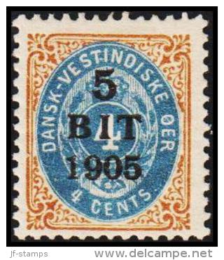 1905. Surcharge. 5 BIT On 4 C. Brown/blue Normal Frame. (Michel: 38 I) - JF128193 - Danish West Indies