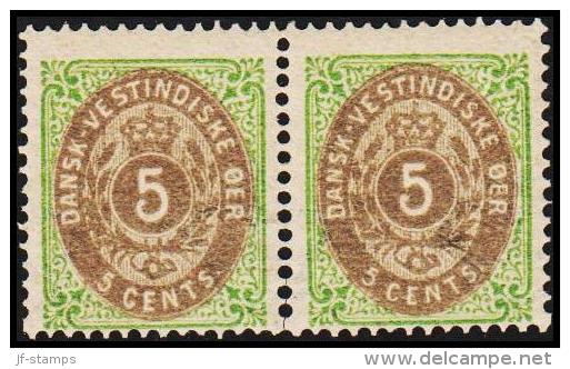 1876-1879. Bi-coloured. 5 C. Green/gray. Normal Frame. Perf. 14x13½. Pair 6th Print. (Michel: 10 I) - JF128232 - Danish West Indies