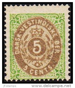 1876-1879. Bi-coloured. 5 C. Green/gray. Normal Frame. Perf. 14x13½. 6th Print Variety. (Michel: 10 I) - JF128233 - Danish West Indies