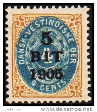 1905. Surcharge. 5 BIT On 4 C. Brown/blue Normal Frame. (Michel: 38 I) - JF128190 - Deens West-Indië